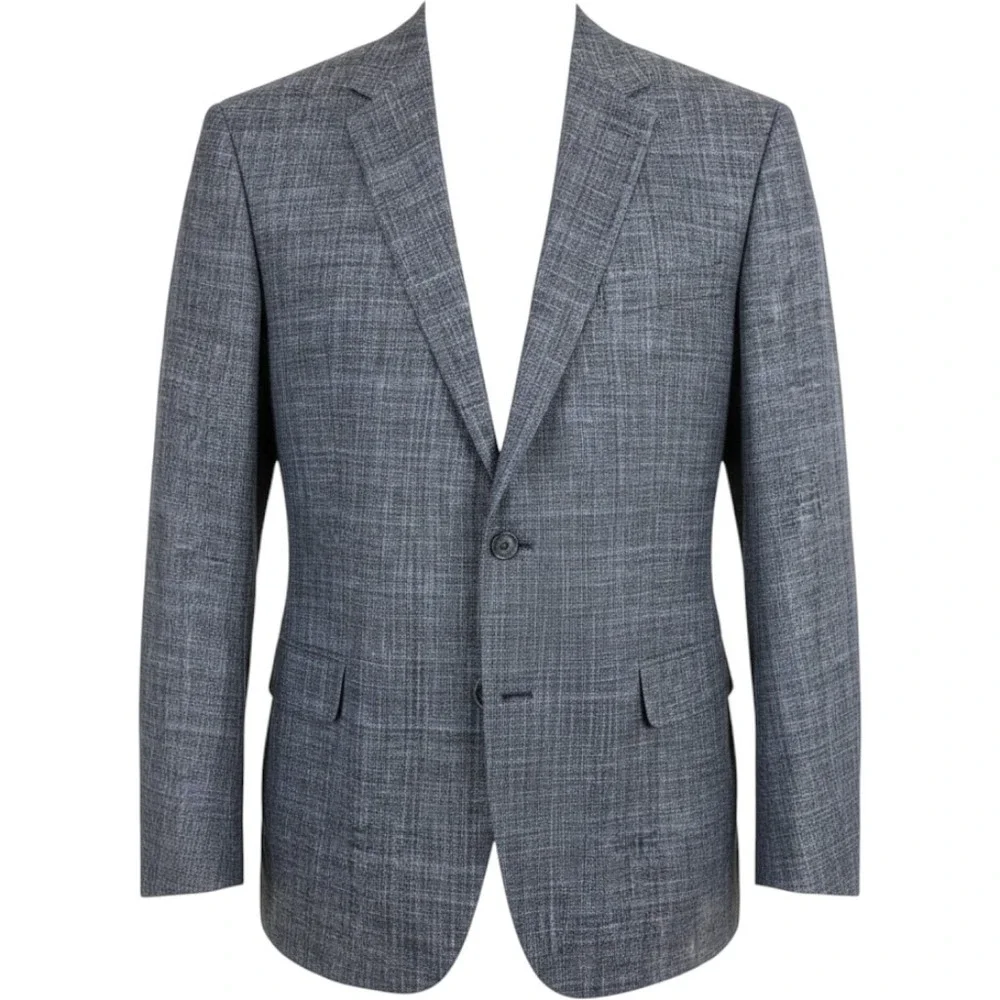 E. Thomas Joseph Linen Silk Sport Coat Blazer 48L Blue Wool Plaid Italy Heritage